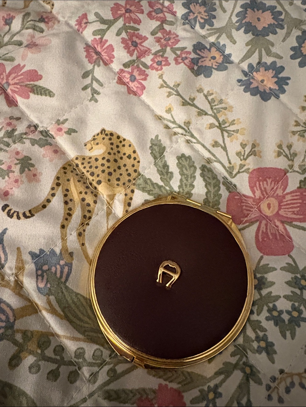 Etienne Aigner Round Burgundy Leather Compact with Gold Trim
